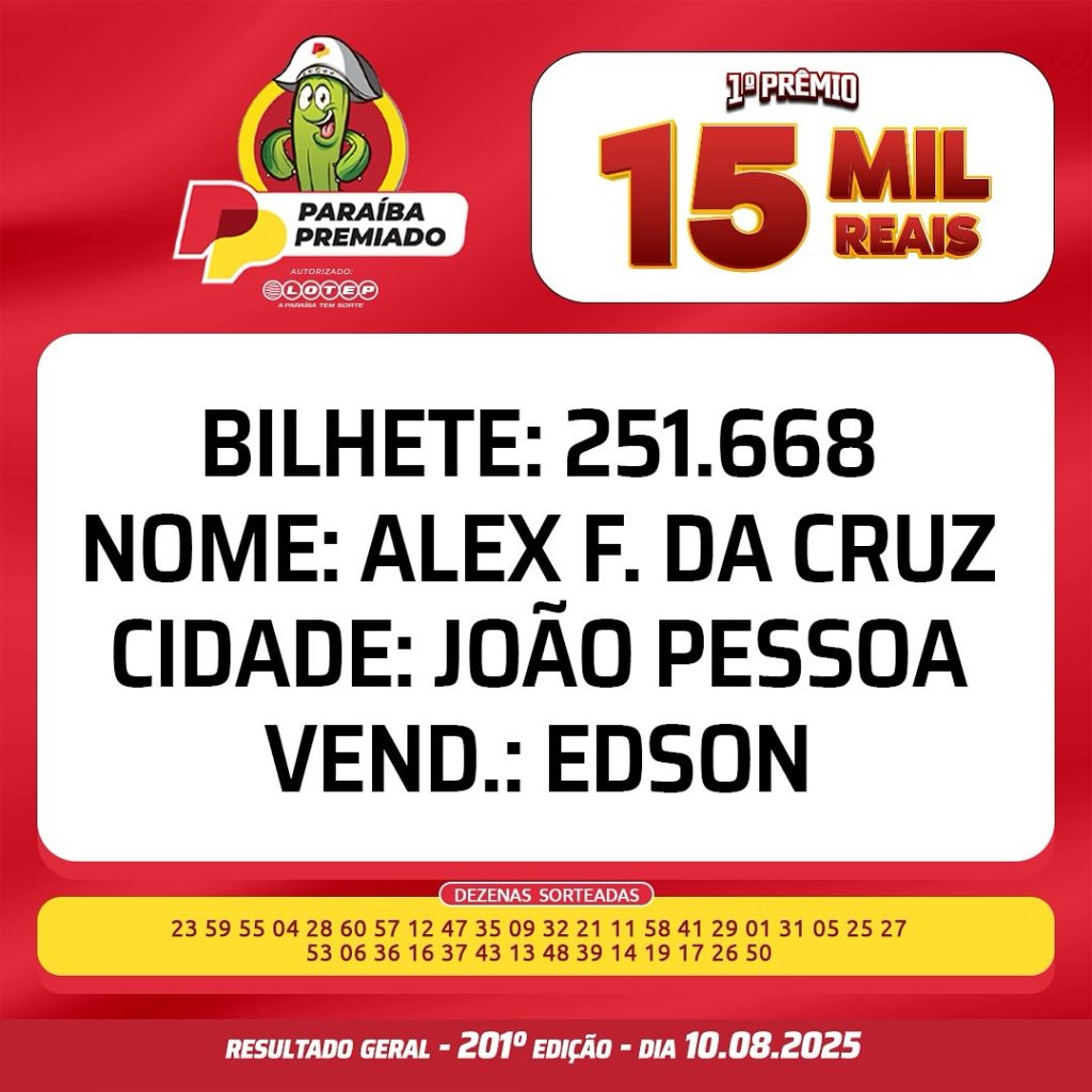 Resultado do Paraíba Premiado de hoje, domingo, 10/08/25; confira os ...