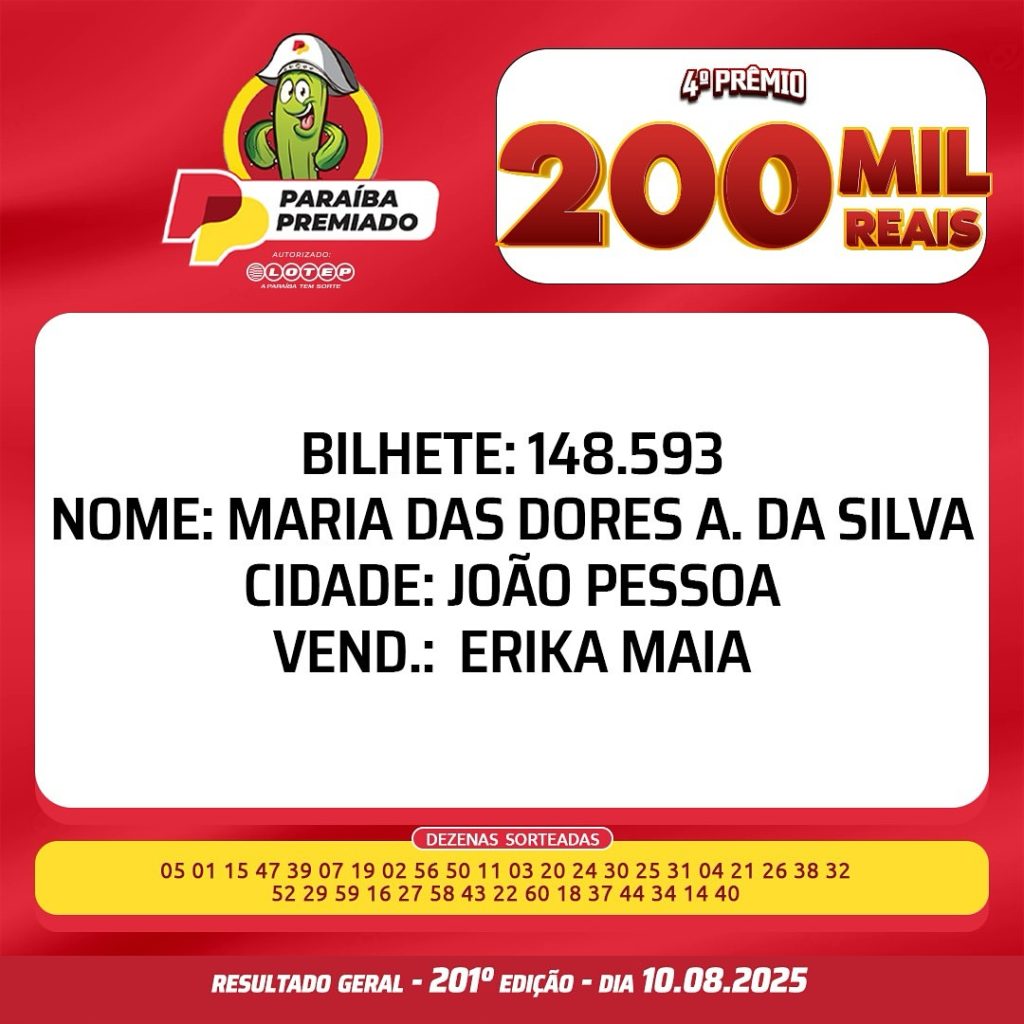Resultado do Paraíba Premiado de hoje, domingo, 10/08/25; confira os ...
